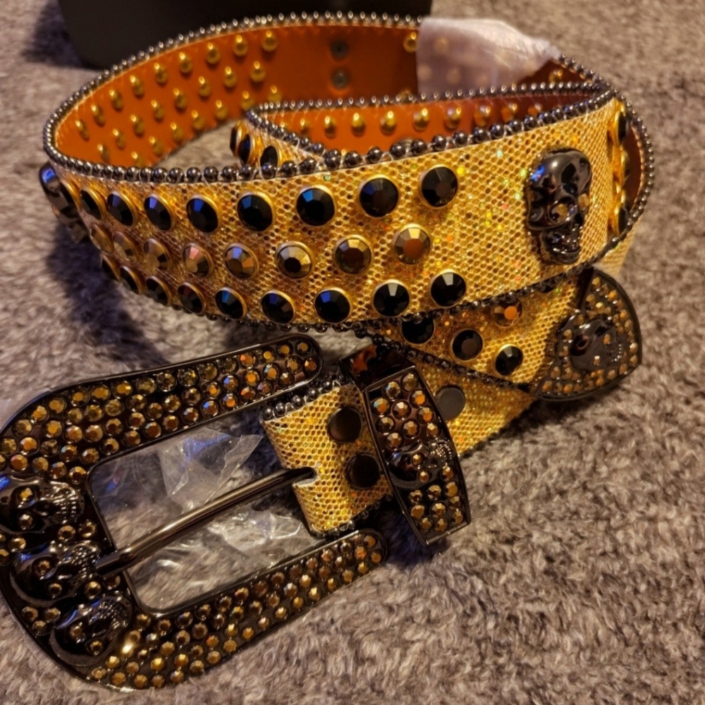 Rhinestone Leather Belt with Skulls